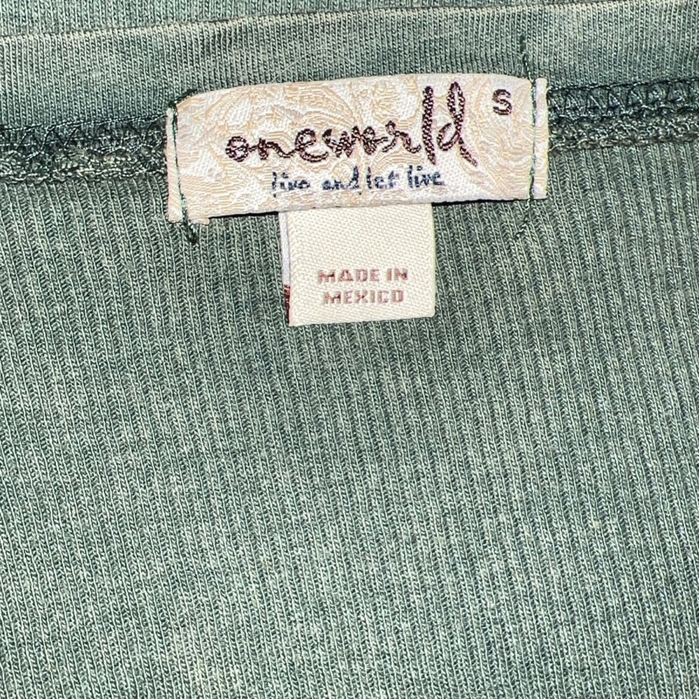 One World Olive Green Vintage Wash Ribbed Rose Peace Design Top - Picture 11 of 13